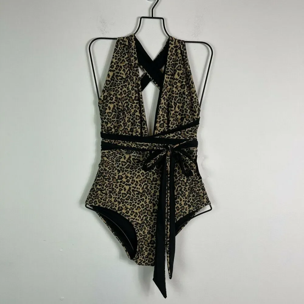Nicole Miller NWT Leopard Print Tie Waist Swimsuit Size S - Picture 2 of 6